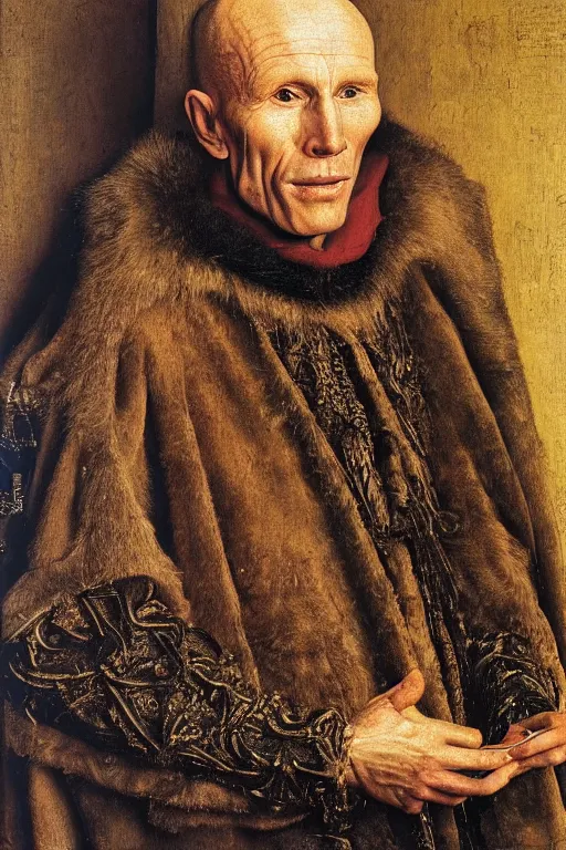 Image similar to portrait of ed harris, oil painting by jan van eyck, northern renaissance art, oil on canvas, wet - on - wet technique, realistic, expressive emotions, intricate textures, illusionistic detail