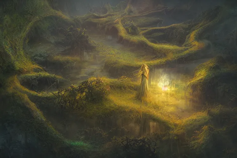 Image similar to aerial view, fantasy painting, dungeons and dragons, a faerie village hovels, swamp reeds wetland marsh sunset estuary, with ominous shadows, an egret by jessica rossier and brian froud cinematic painting