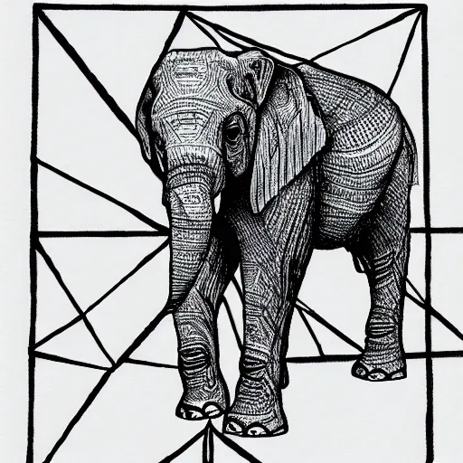 Prompt: pen drawing of an elephant standing on hundreds of isosceles triangles