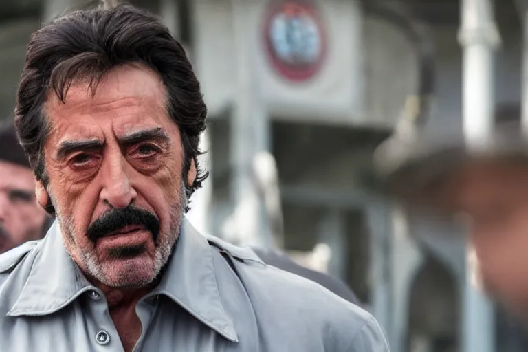 Image similar to Al Pacino as Saddam Hussein in 'SadDamn Hussling' (2023), movie still frame, promotional image, imax 70 mm footage, oscar nominated cinematography, volumetric lighting, 8k resolution