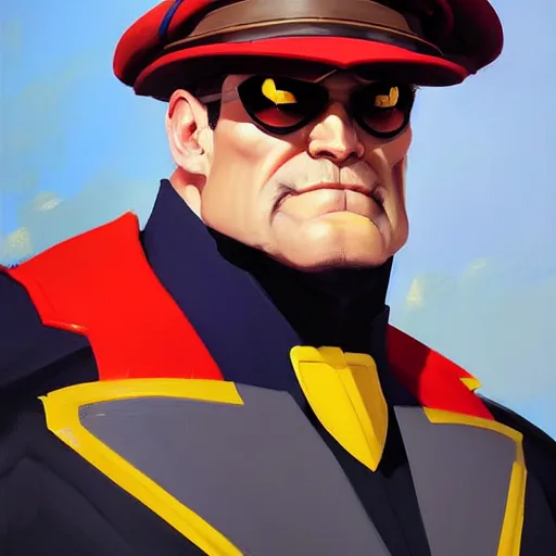 Image similar to Greg Manchess portrait painting of M. Bison as Overwatch character, medium shot, asymmetrical, profile picture, Organic Painting, sunny day, Matte Painting, bold shapes, hard edges, street art, trending on artstation, by Huang Guangjian and Gil Elvgren and Sachin Teng