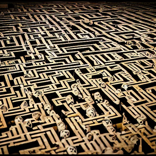 Image similar to a maze lined with skulls underground, photgraphy