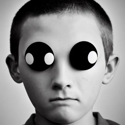 Image similar to serious looking 9 year old boy with googly eyes