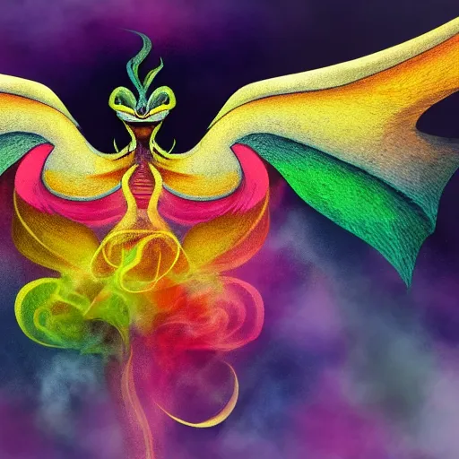 Image similar to multi color smoke with the small ( outstretched ribbed wings and head of a fairytale dragon ), billowy, 8 k, 4 k