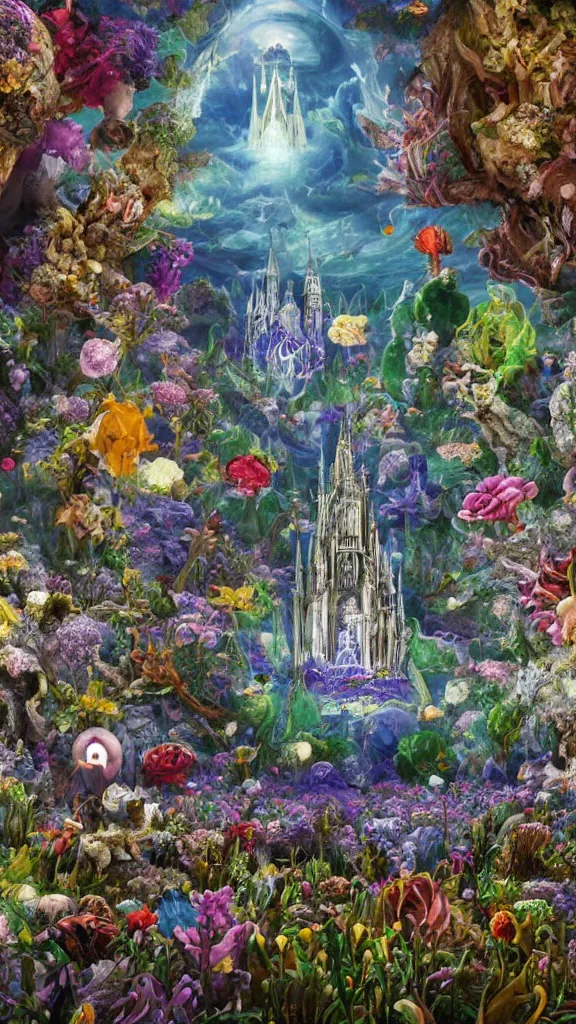 Prompt: a centered render of intricate modular synthesizer of alice in wonderland, shining its light across a tumultuous sea of flowers, undersea animals and gothic crystal church by dorothea tanning and salvador dali, trending on artstation, cyber punk, high contrast, unreal engine, high detailed, 8 k