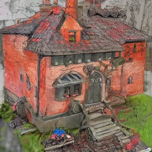 Image similar to Dark and Gloomy Witch house with red roof, in style of Anne Stokes