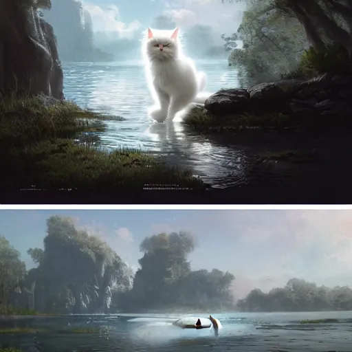 Prompt: white fluffy cat rising from the water. view from behind, wide angle view, back view. nuri iyem, james gurney, james jean, greg rutkowski. trending on artstation, starlight, and enchanted dreams