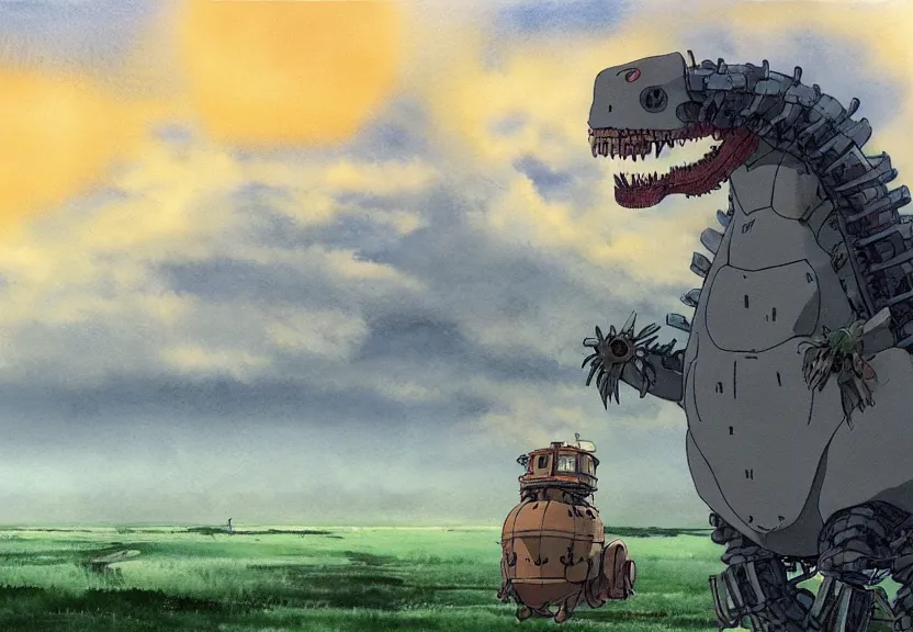 Prompt: a hyperrealist watercolor concept art from a studio ghibli film showing a giant grey mechanized prehistoric beast from howl's moving castle ( 2 0 0 4 ). stonehenge is under construction in the background, in the rainforest on a misty and starry night. by studio ghibli. very dull muted colors