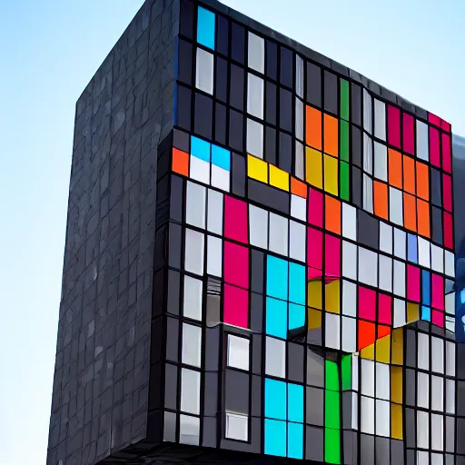 Image similar to residential building in the style of a rubik's cube, high contrast