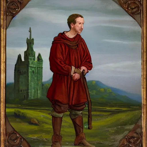 Image similar to mark zuckerburg as a 1 2 th century peasant in england, painting, exhibited at the british museum, oil on canvas, restored