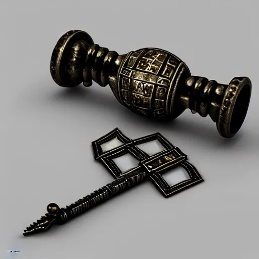 Image similar to a 3d game item of the metal key, icon, vray 4k render, on the white background, rpg game inventory item