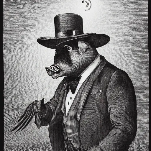 Image similar to closeup portrait of a angry pig in a tuxedo, dramatic lighting, farm background, moon, chiaroscuro, high detail, illustration by gustave dore