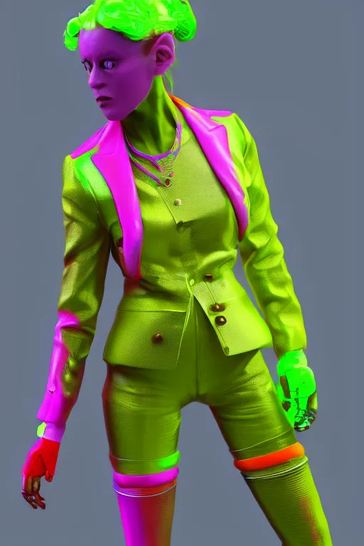 Prompt: a character wearing a super colorful fluo suit, vivienne westwood, detailed photoreal render octane render