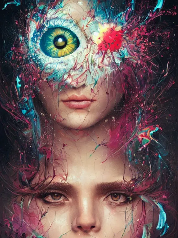 Prompt: art portrait of an eye with flower exploding,by tristan eaton,Stanley Artgermm,Tom Bagshaw,Greg Rutkowski,Carne Griffiths,trending on DeviantArt,face enhance,chillwave,minimalist,cybernetic, android, blade runner,full of colour,