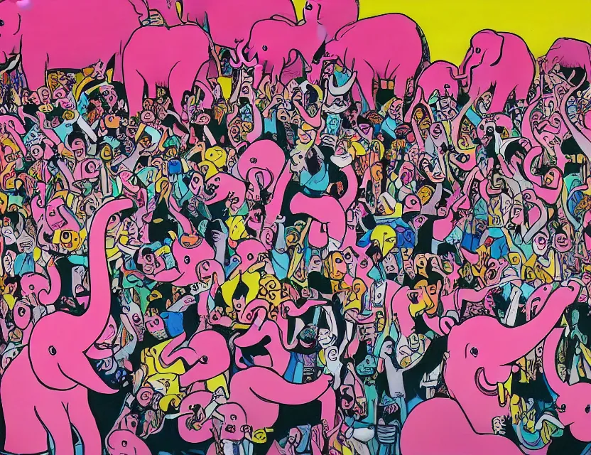 Prompt: a painting of a concert by bananas playing death metal while the public are pink elephants in the sky in the style of artist James Jean