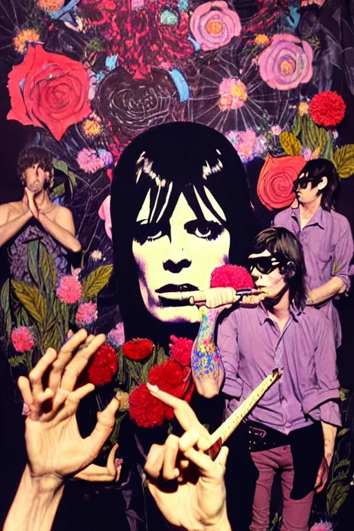 Image similar to the velvet underground and nico playing live on stage at a night club, nico in the center of stage, beautiful stage decoration with flowers in the background, painting by james jean and norman rockwell, very detailed and colorful and toned down and ornamental and moody and cool and relaxed and high on drugs, backlight, trending on artstation, behance contest winner