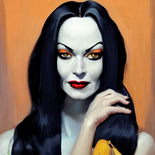 Image similar to greg manchess portrait painting of morticia from addams family as overwatch character, medium shot, asymmetrical, profile picture, organic painting, sunny day, matte painting, bold shapes, hard edges, street art, trending on artstation, by huang guangjian and gil elvgren and brom