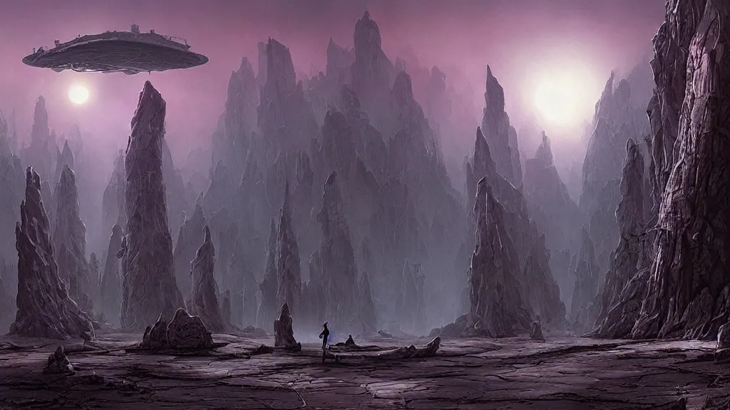 Image similar to eerie atmospheric alien worlds by michael whelan and stephan martiniere, epic cinematic matte painting