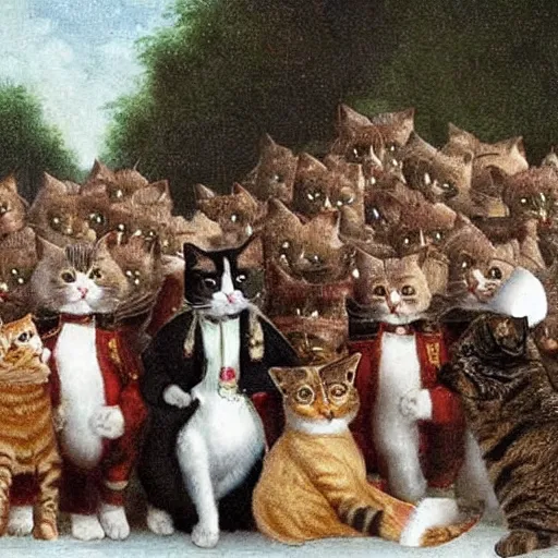 Image similar to a cat wearing napoleon's hat with a crowd of cats wearing helmets behind him. they're on a road.