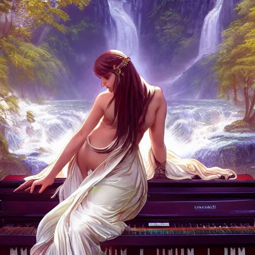 Prompt: fantasy maiden sitting on top of a piano combined with waterfall, nature, realistic, cinematic lighting, highly detailed, digital painting, Artstation popular, illustration, art by Artgerm and Greg Rutkowski and Alphonse Mucha