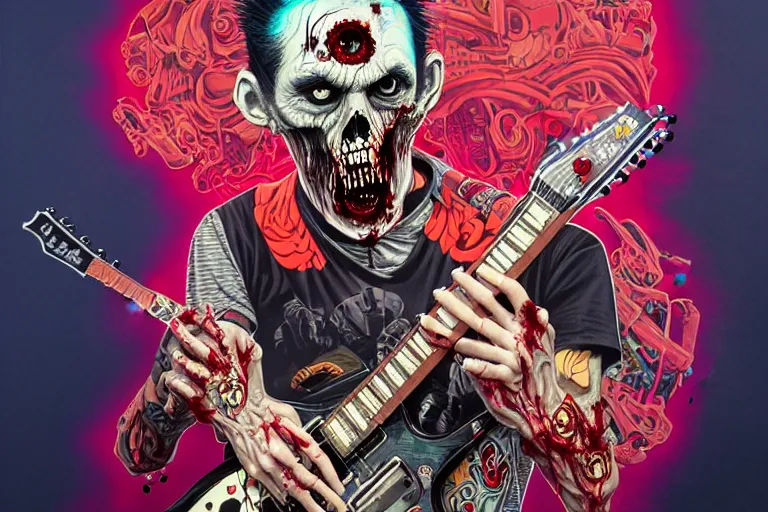 Image similar to zombie punk guitar player, tristan eaton, victo ngai, artgerm, rhads, ross draws, intricated details, 3 / 4 view, full body portrait