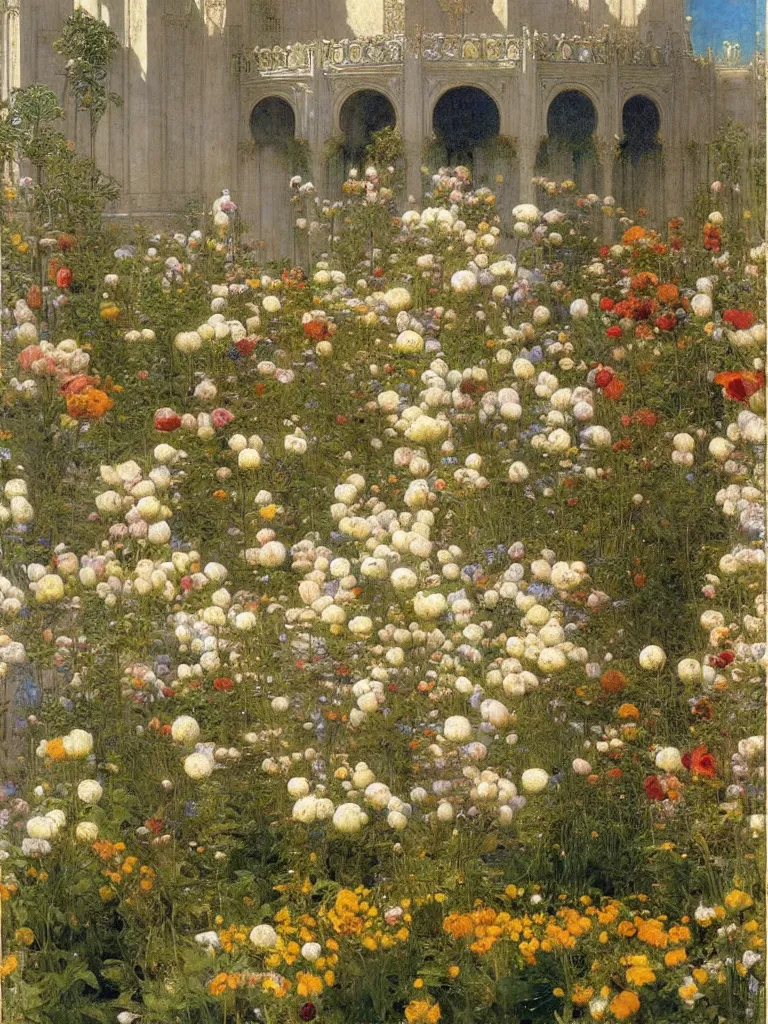 Image similar to the grand temple of flowers, by thomas cooper gotch and frederick arthur bridgman. pre raphaelite, art nouveau, fantasy architecture, symmetry