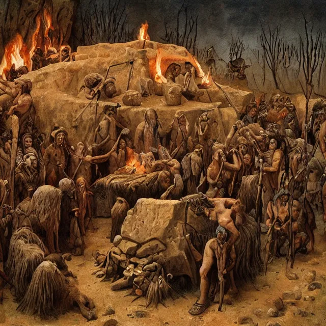 Image similar to a painting of a stone age funeral by johfra bosschart, dark fantasy art, high detail, trending on artstation