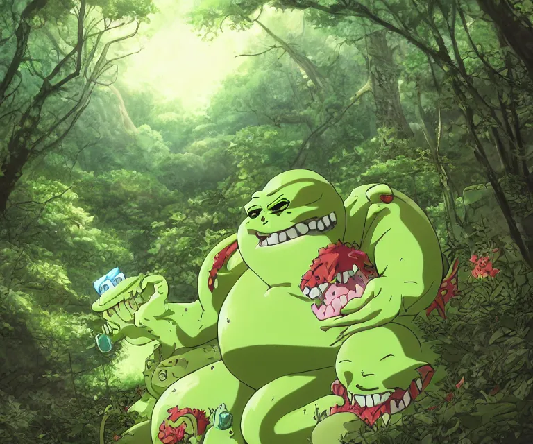 Prompt: slimer in a forest, anime fantasy illustration by tomoyuki yamasaki, kyoto studio, madhouse, ufotable, comixwave films, trending on artstation