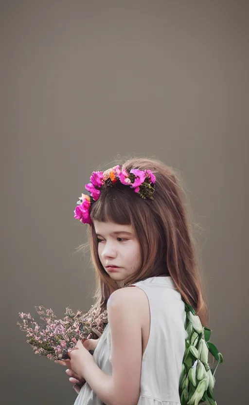 Prompt: portrait of a shy young girl with flowers in her hair, beautiful composition, modern color palette, 50mm f1.8, ambient light,