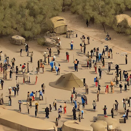 Prompt: a crowd gathering around government camp grounds in the hot desert trending on artstation digital paint 4 k render