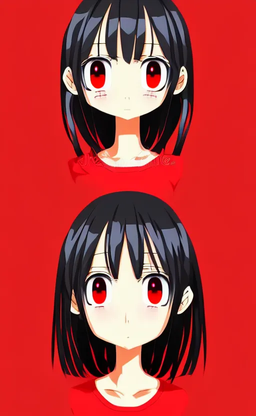 Image similar to anime girl with a detailed face and black hair in a red outfit, full body, trending, vector art, illustration,