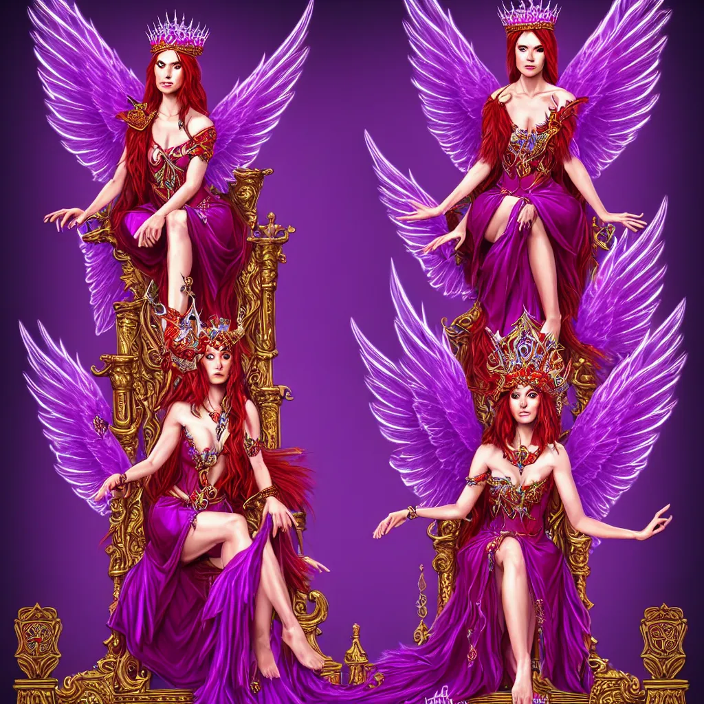 Image similar to Princess sorceress with red flaming bird wings on her back and sitting on an ornate throne dressed in a fancy purple dress, beautiful realistic face, Fantasy, Full Portrait, High detail, realistic, planeswalker