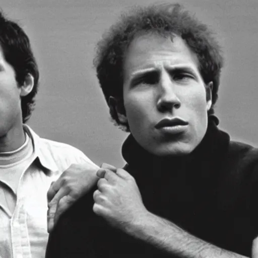 Image similar to film still of simon and garfunkel, black and white