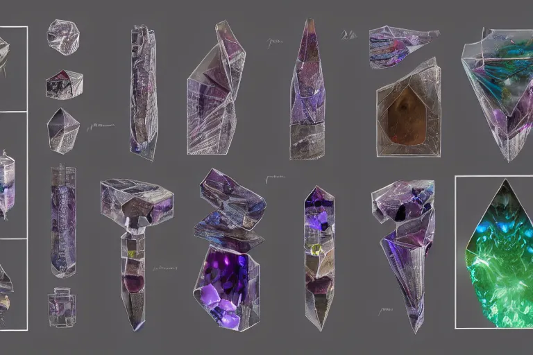 prompthunt: concept art of eight rare gems, gems, diamonds, crystal, rare,  fantasy, behance, pinterest, deviantart, artstation, weapons concept art,  design, rpg, weapon, detailed, digital art, incredible, digital painting