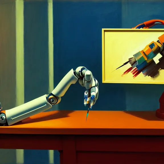 Prompt: beautiful illustration of a robotic arm painting an artwork on a canvas with a paintbrush by Edward Hopper, clean lines, very detailed, colorful octane render