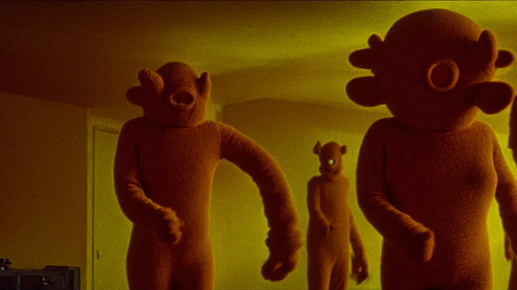 Prompt: a strange creature that looks like a monstrous teletubby crawls on the living room ceiling, film still from the movie directed by Wes Anderson with art direction by Zdzisław Beksiński, wide lens