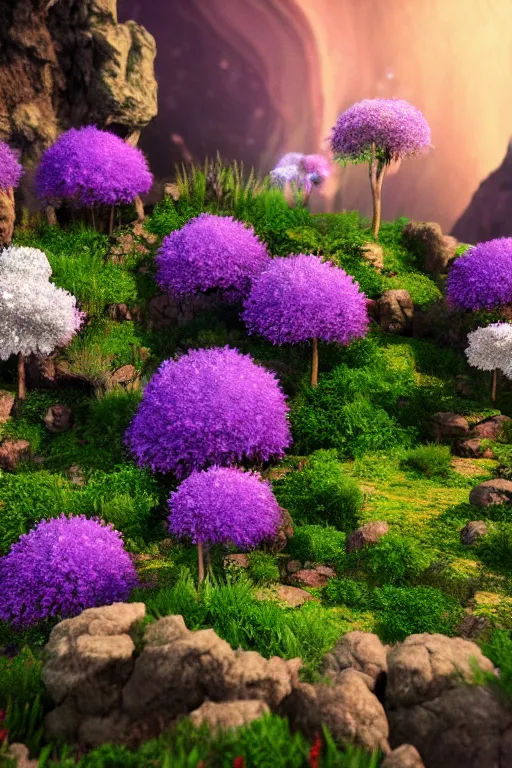 Prompt: in a cave with a miniature hyper - realistic garden of flowers : 4, highly symmetrical, balanced, purple lightning clouds : 3, octane render, violet sun : 2, in the style of sahm : 3, hd, 4 k, ultra - realistic, in unreal engine