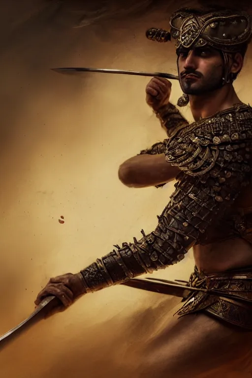 Prompt: portrait of a Persian Prince fighting at war, warrior, brutal battle, handsome prince, shaved face, without beard, attractive young man, shaved face, heroic pose, dramatic lighting, dark and horror, action and tragedy, dust and blood, intricate, wild, highly detailed, digital painting, artstation, concept art, smooth, sharp focus, illustration, art by artgerm and greg rutkowski and alphonse mucha, footage from space camera