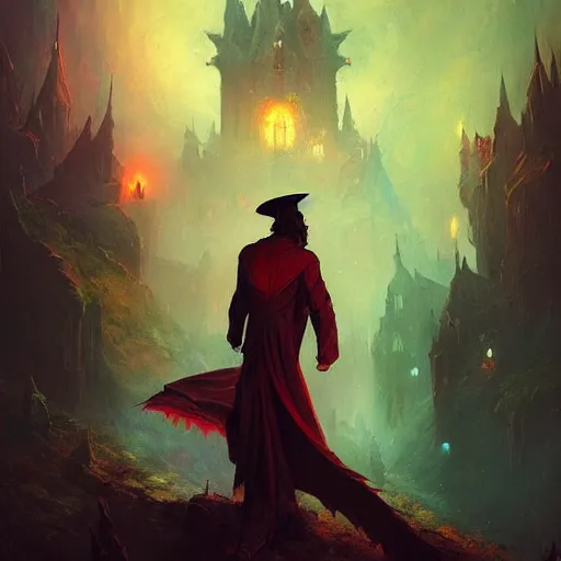 Prompt: Dracula traveling through a beautiful psychedelic multiverse, art by Greg Rutkowski, cartoon, post-processing, fantasy, masterpiece, vivid colors, trending on artstation