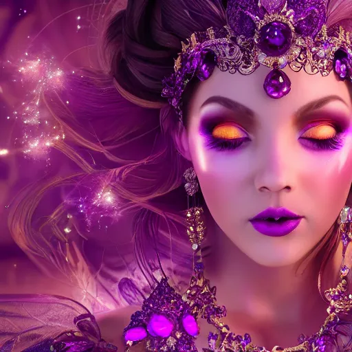 Image similar to portrait princess of amethyst, glowing, ornate and intricate purple jewelry, jaw dropping beauty, glowing background lighting, purple accent lighting, hyper detailed, fairy tale, 4 k octane render