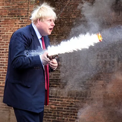 Prompt: Boris Johnson Weilding A flamethrower, firing it into a building, medium shot photo 8k ultrahd
