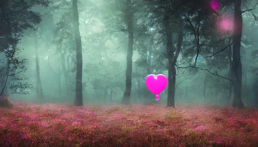 Prompt: A bright pink balloon shaped like a unicorn floats lonely through a dark foggy Forest, Digital Art, Photorealism, Hyper Realistic, Hyperdetailed, Movie Screenshot, iMAX Quality