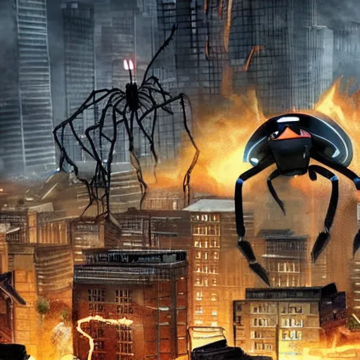 Image similar to giant robotic spider crashing down on a city destroying everything in his path