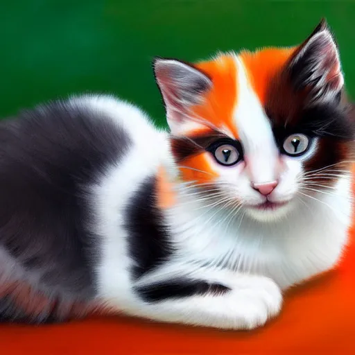 Image similar to close up of two beautiful calico kittens with orange, black and white colored fur, outside on a beautiful day, beautiful painting, featured on artstation, cgsociety, behance hd