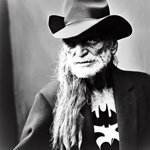 Image similar to Willy Nelson as Batman, studio photo