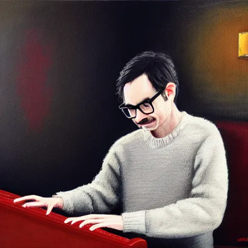 Image similar to An Oil Painting of Rivers Cuomo in a sweater with long hair and a mustache playing his piano in an apartment as a nuke drops onto the city outside his window next to him, hyperrealistic, extremely realistic, highly realistic, HD Quality, 4k resolution, 8k resolution, Detailed, Very Detailed, Highly Detailed, Extremely Detailed, Intricate Details, Real, Very Real, Oil Painting, Digital Painting, Painting, Trending on Deviantart, Trending on Artstation