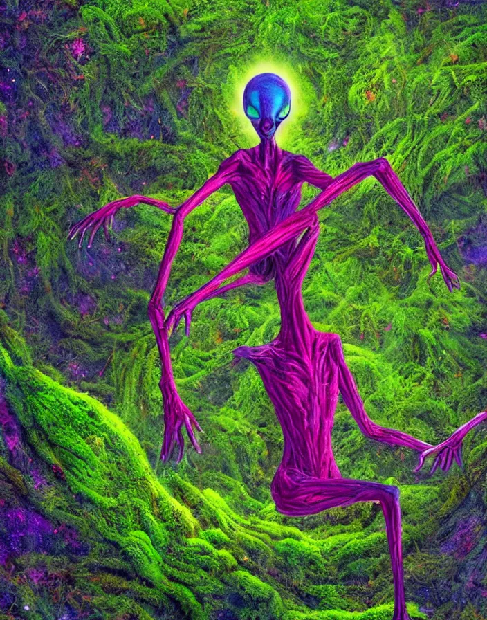 Prompt: a Alien thinking that has long limbs sitting on the edge of a celestial forest located on another planet with colorful moss covering the ground, in the style of 1970s sci fi art, vibrant colors, surreal, painting, horror