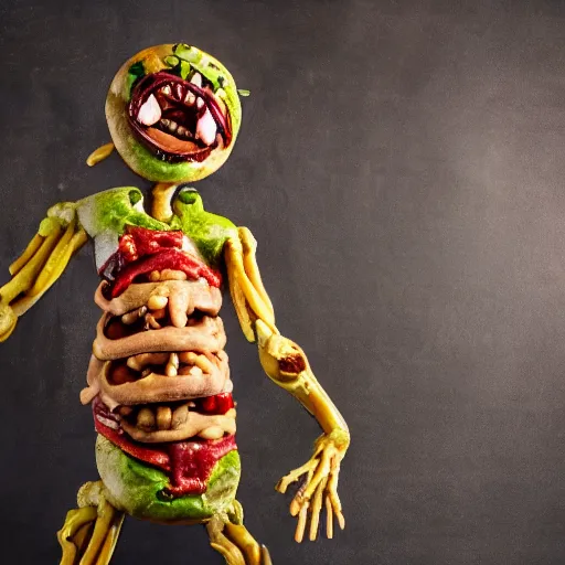 Image similar to a humanoid bipedal upright zombie that strongly resembles a hamburger, professional food photography