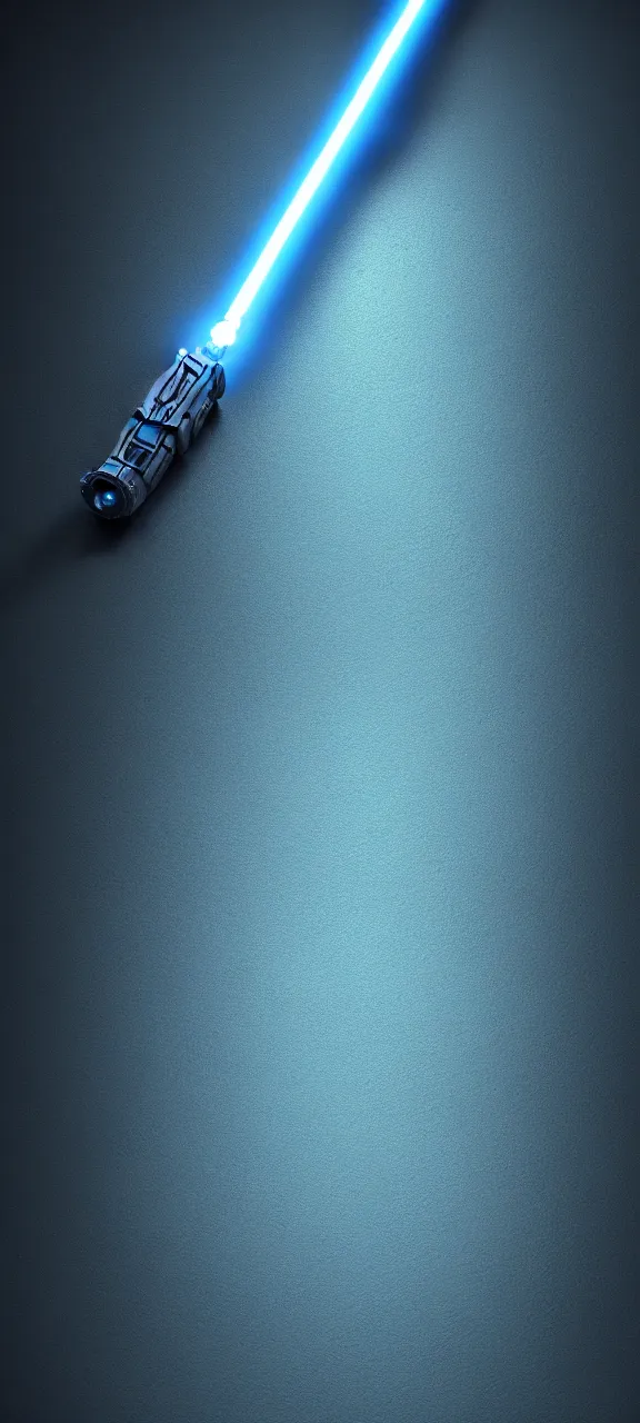 Image similar to detailed cinematic render, of a blue cyberpunk lightsaber lying vertically on a detailed stone floor, in a dark room, photo from above, octane render 8 k, digital art, lightsaber wallpaper 4 k, ray tracing, jedi fallen order lightsaber wallpaper 4 k, cal kestis lightsaber wallpaper