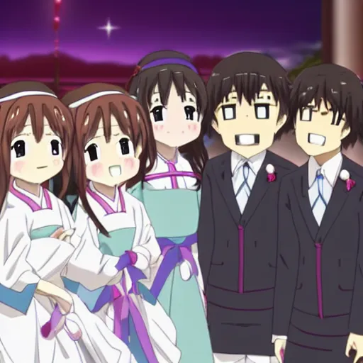 Image similar to Takagi and Nishikata getting married, High Quality Anime Style, featuring Hibino Mina, Tsukimoto Sanae, Tenkawa Yukari, Houjou, and Sakurai, 8k